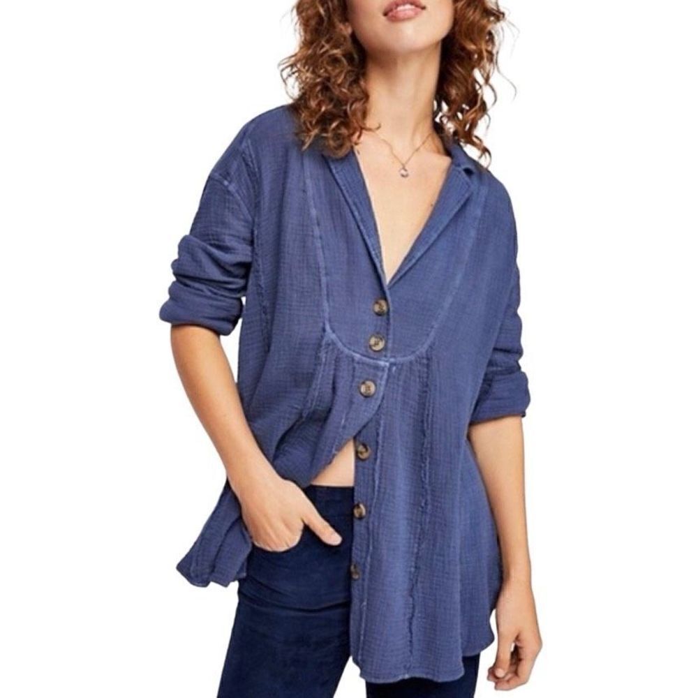 Free People All About The Feels Button Blouse Blue Small